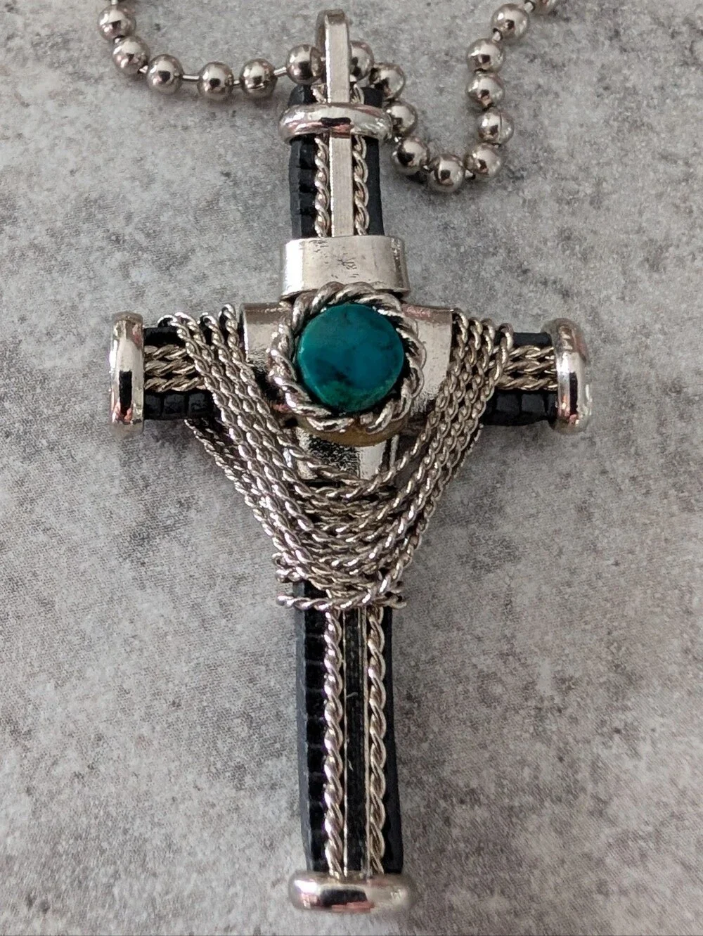 Silver-Tone Men's Cross Pendant Necklace with Teal Stone